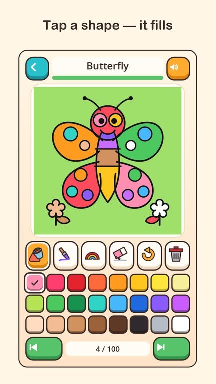 A butterfly page being coloured, with the crayon box below it